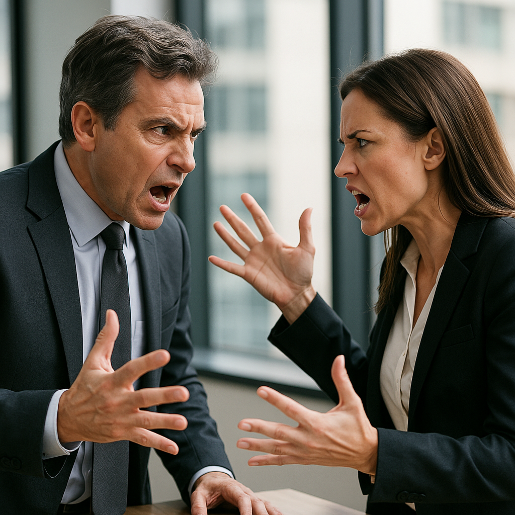 Two business partners arguing in an office, representing conflict and the need for dispute resolution in business partnerships