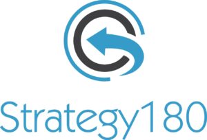 Strategy180 logo featuring a blue and black circular arrow design representing business turnaround and strategic change