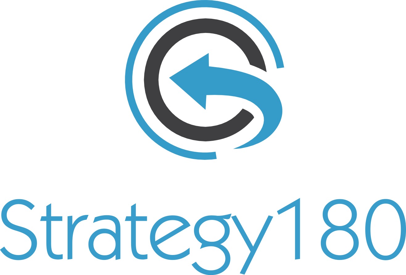 Strategy180 logo featuring a blue and black circular arrow design representing business turnaround and strategic change